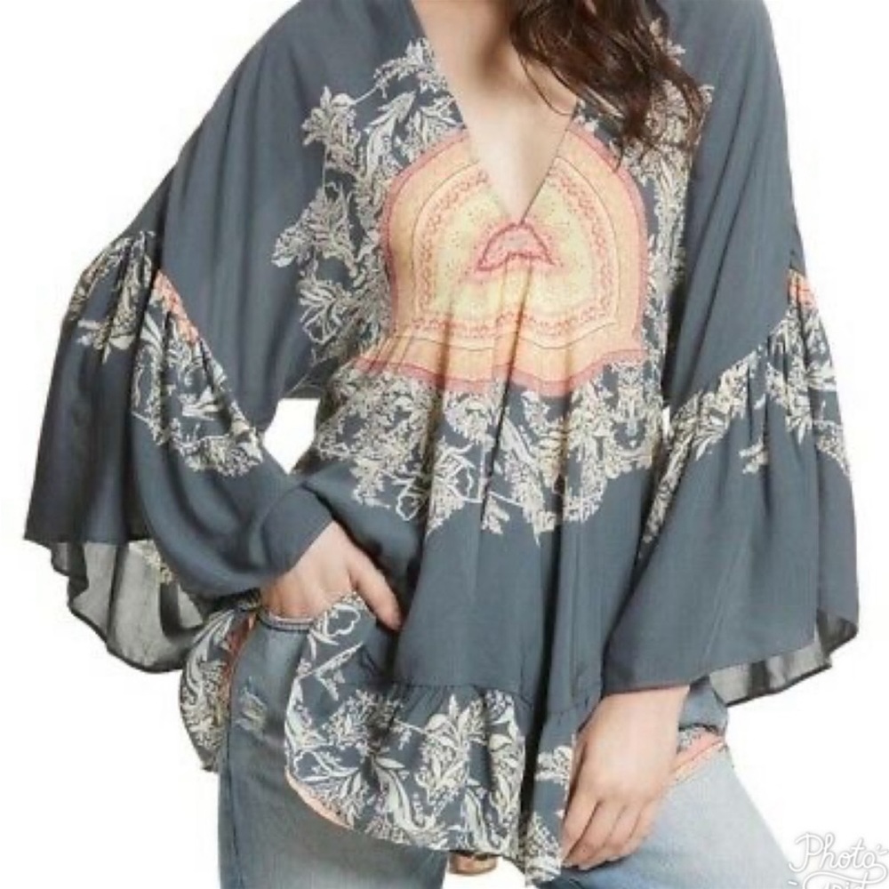 Free People Sunset Dreams Printed Tunic Bohemian Loose Flow Top Size Lar…